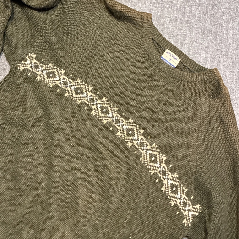 Deadstock High‎ Sierra Sweater Men XL Olive Green Vintage Geometric Knit Ramie
